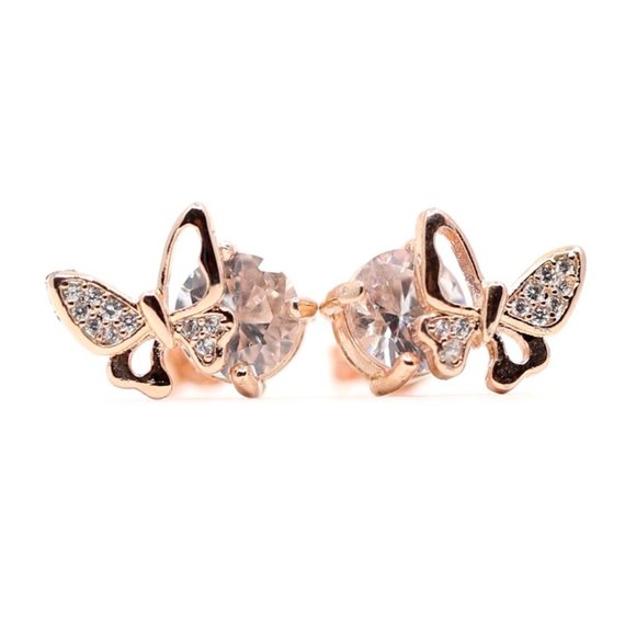 18k Rose Gold Dipped Butterfly White Topaz Studs E - Picture 2 of 7